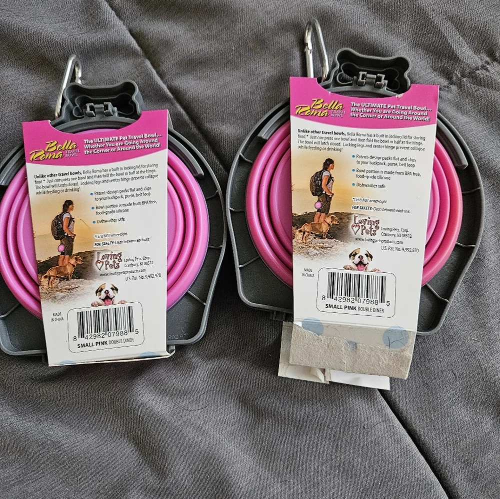 Dog Travel Bowl PINK Loving Pets Double Diner Locking Lid set of 2 hiking